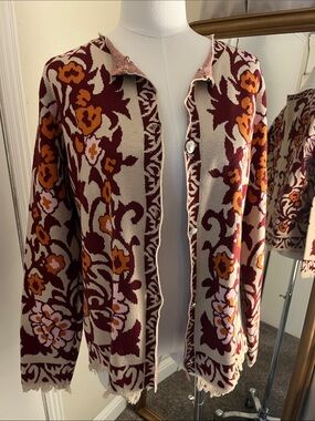 Floral Burgundy and Cream Knit Cardigan Sweater